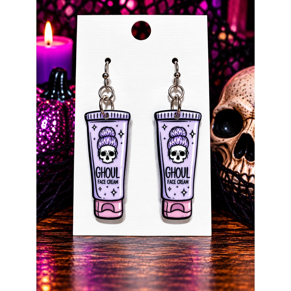 Ghoul Face Cream Earrings Pink Skull Halloween Spooky Beauty Dangle Earrings